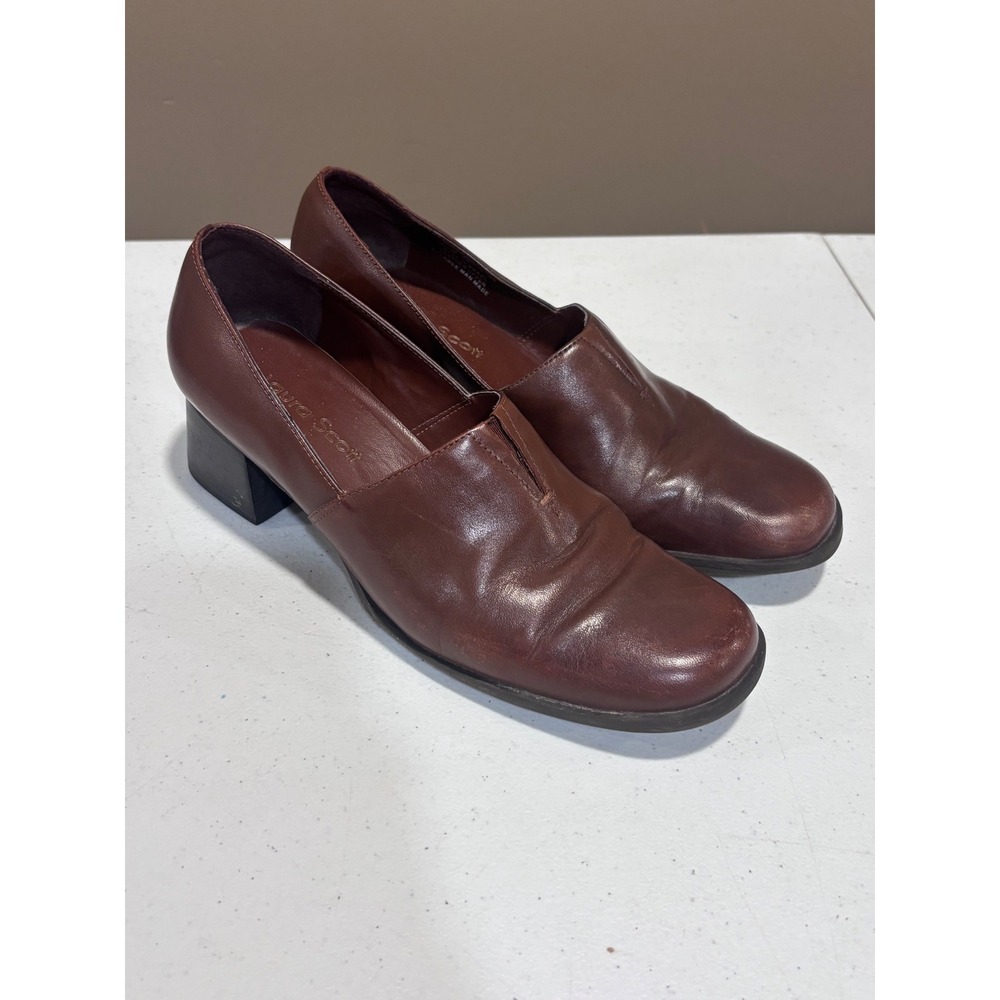 Laura Scott Melanie Burgundy Brown Leather Block Heel Square Toe Pumps Mens 9.5M